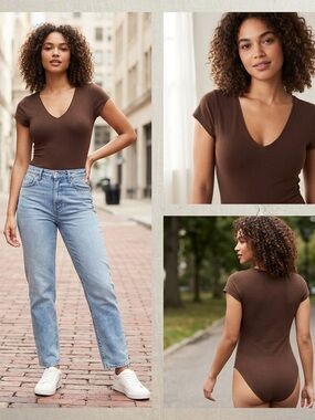 Old Navy Brown V-Neck Short-Sleeve Bodysuit—-Medium